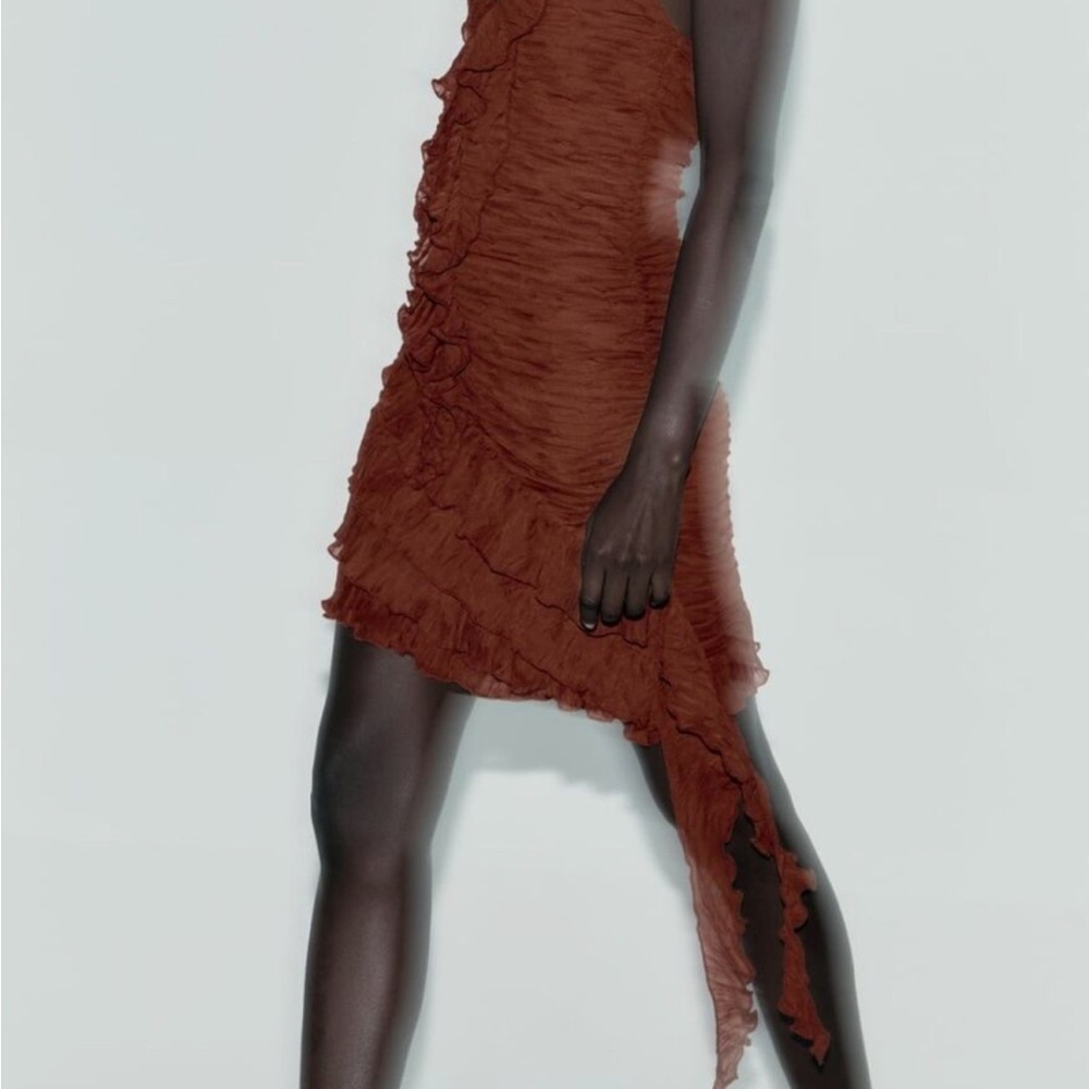 Zara Brown Ruffle Pleated Halter Mini Dress - Picture 3 of 9